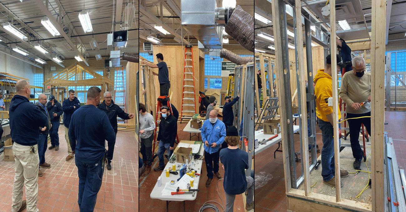 Three images of IPF employees working with students on electrical wiring in partial walls used for demonstration