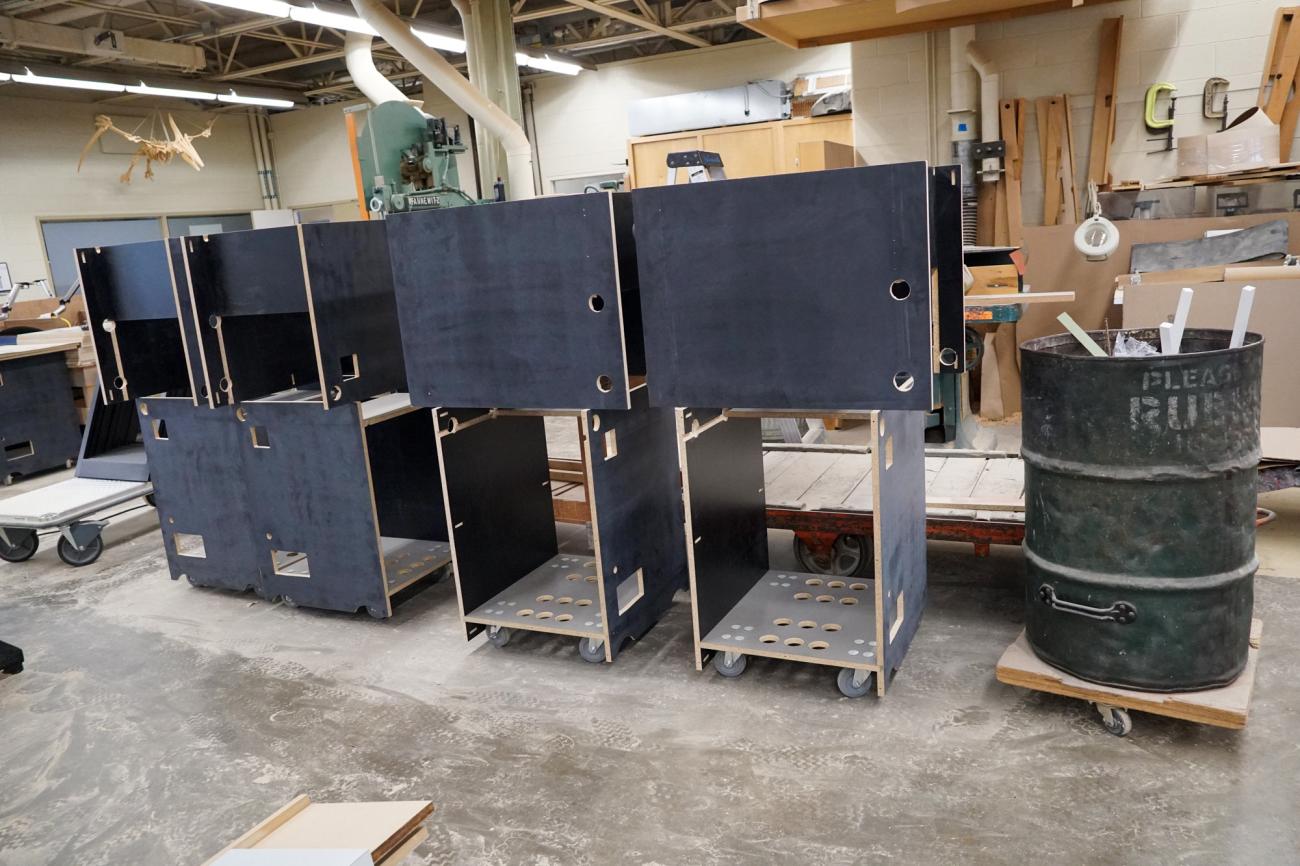 Unfinished tech carts in the IPF Carpentry Shop