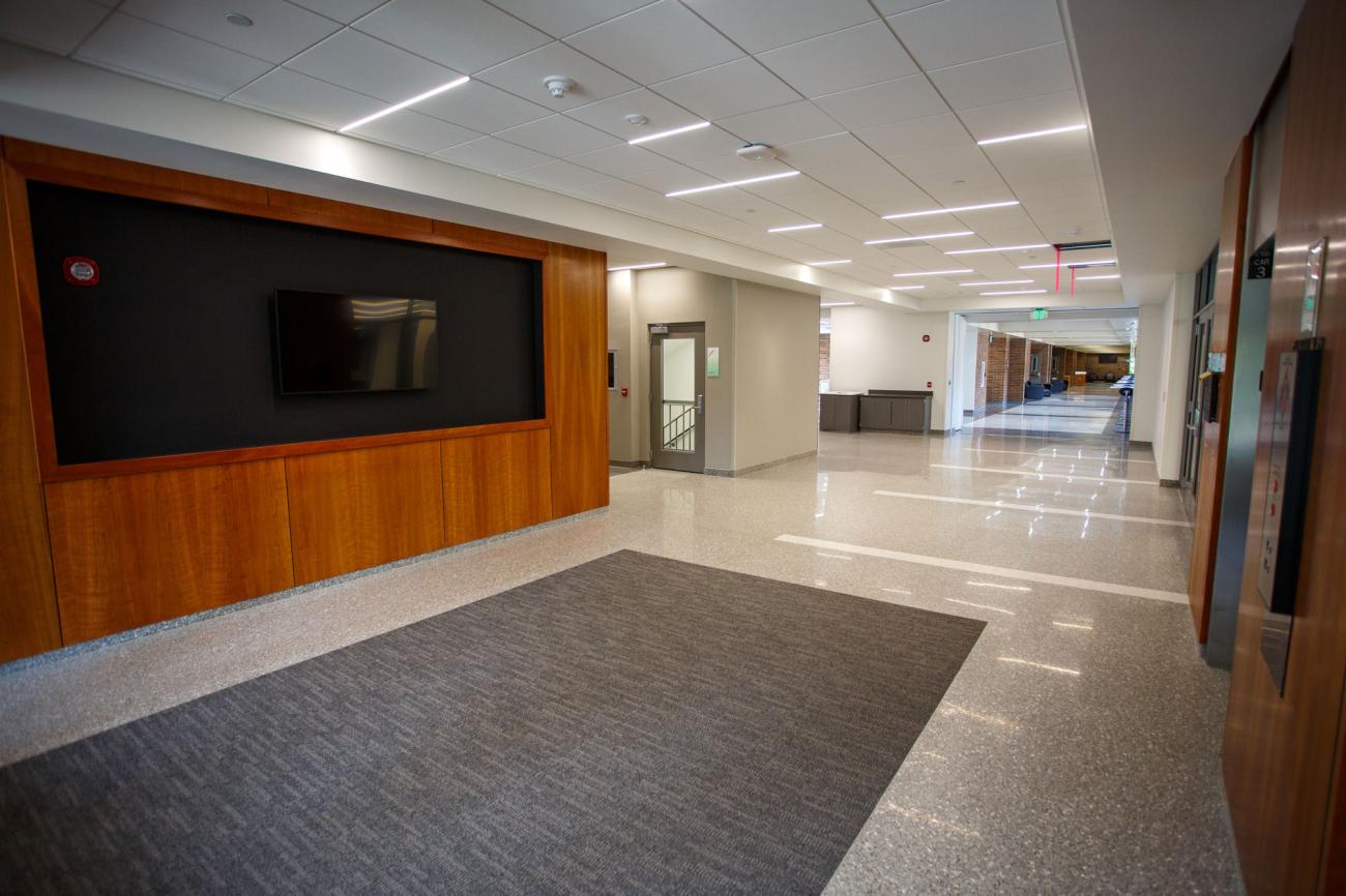 A bright empty hallway in the Eppley Center.