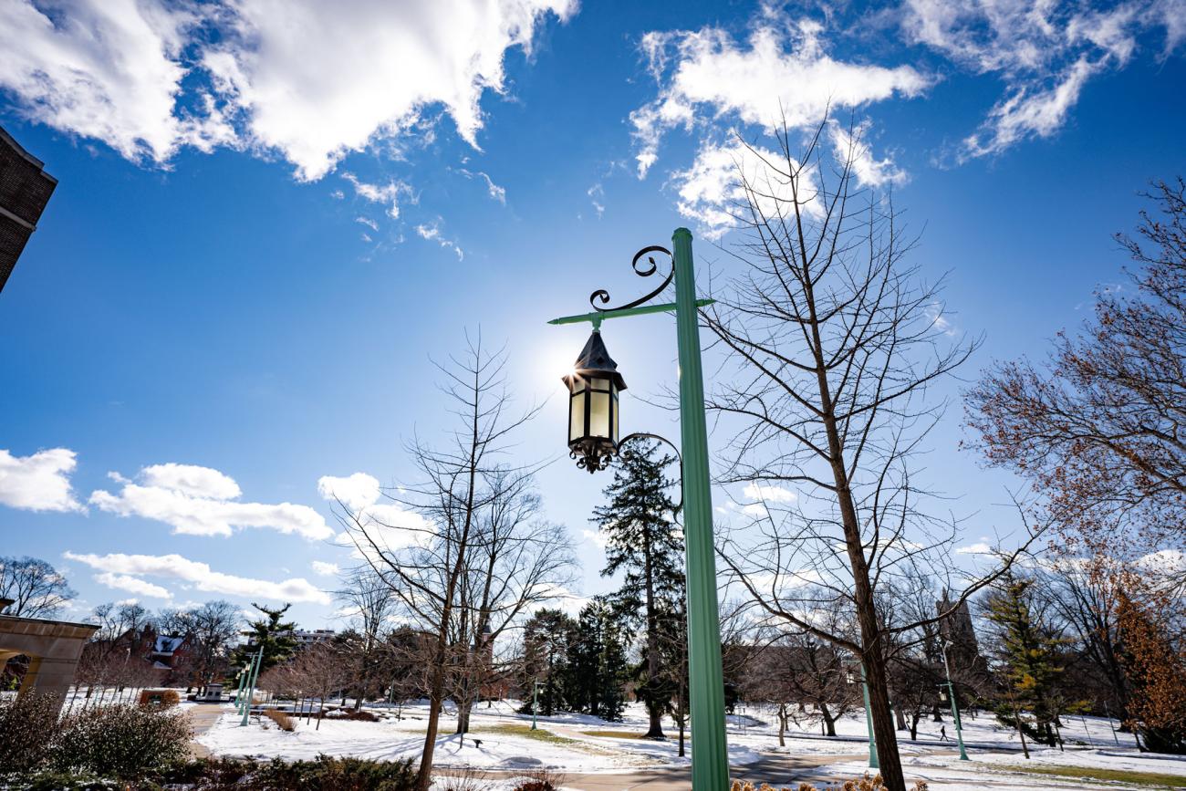 Light pole on MSU campus in winter