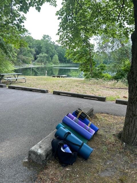 Yoga mats at lake.