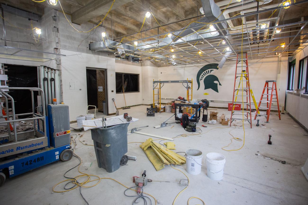 The lounge area full of construction equipment