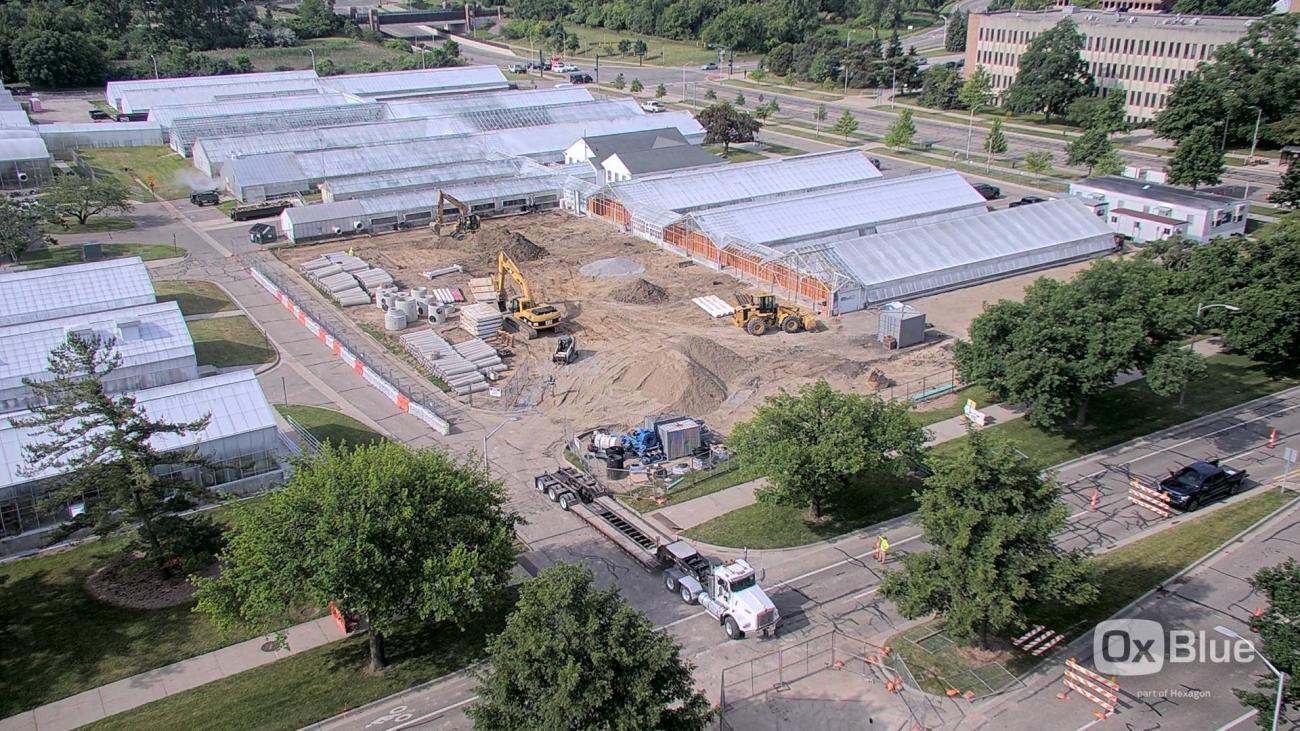 Still photo of Greenhouses construction from OxBlue live feed camera