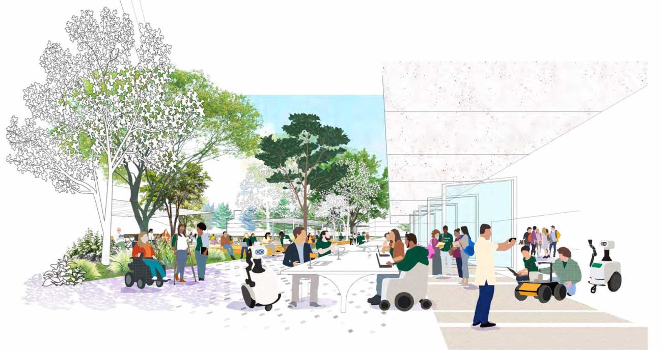 Screenshot of Vision 2050 mockup of exterior campus space