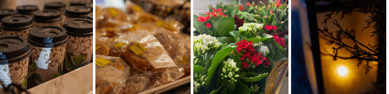 Close-up shots of refreshments, gift shop plants and a luminary.