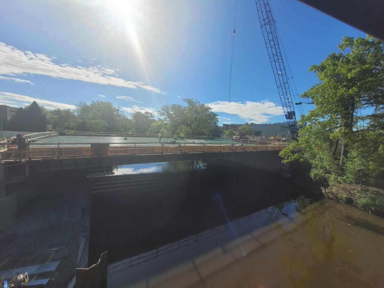 In-progres photo of the new Farm Lane Bridge on a sunny day.