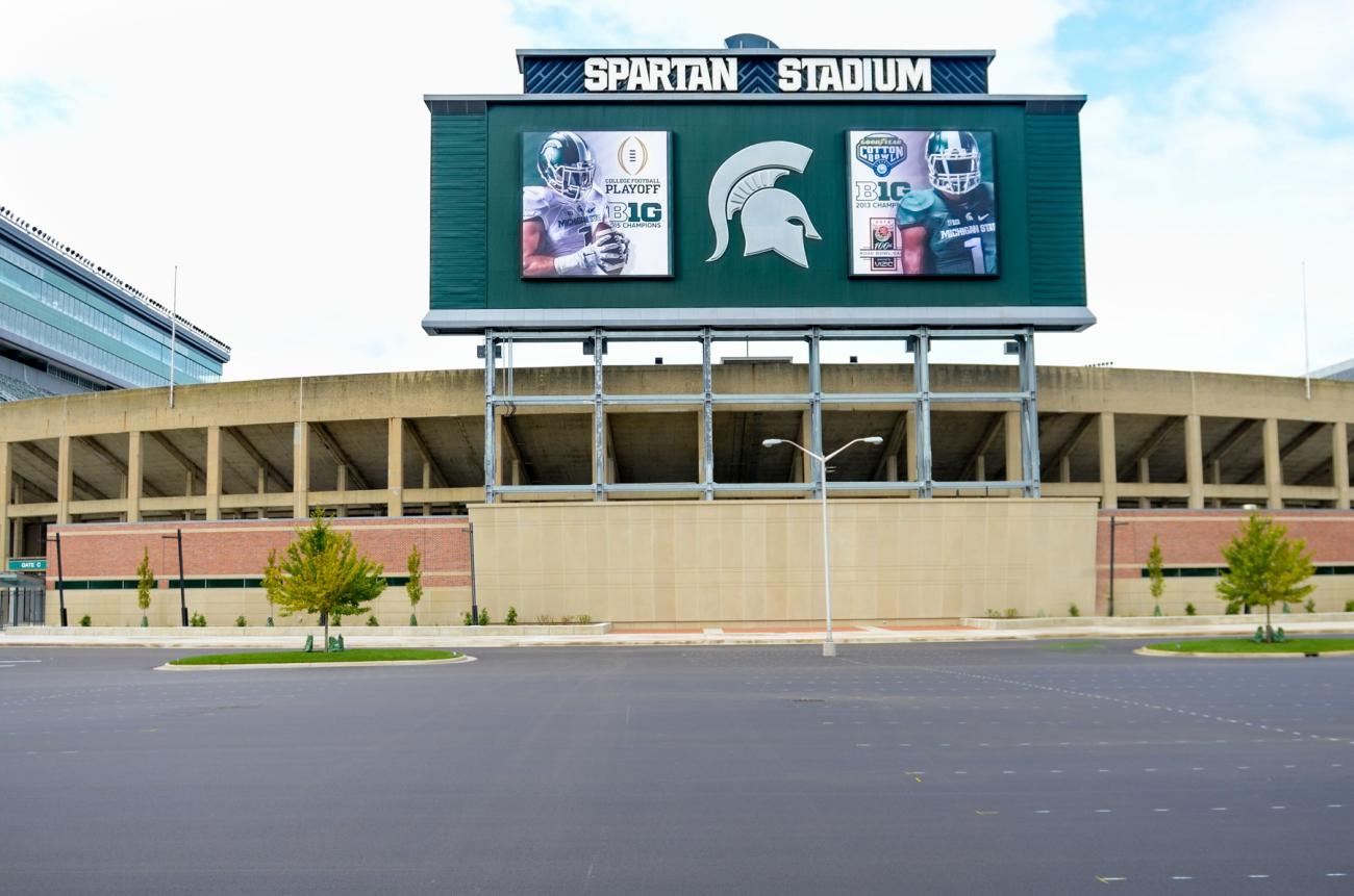View of Spartan Stadium scoreboard from south parking lot