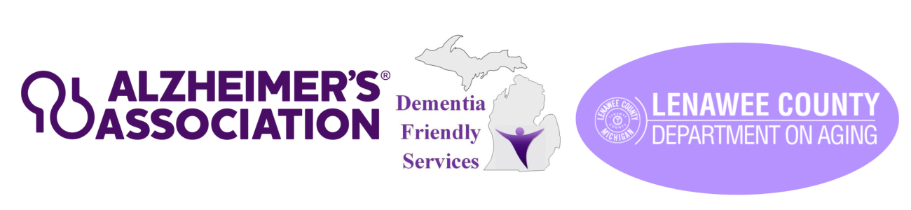 The logos of the Alzheimer's Association, Saline Dementia Friendly Services, and Lenawee County Department on Aging.