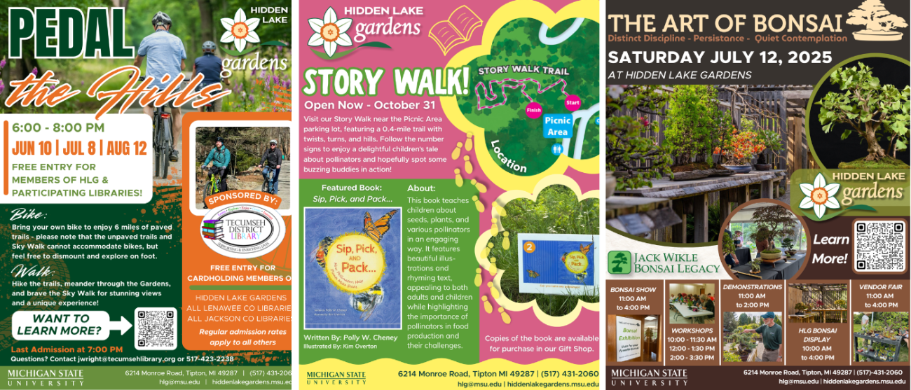 Flyers highlighting the Pedal the Hills event, the Story Walk Trail and the Art of Bonsai event.