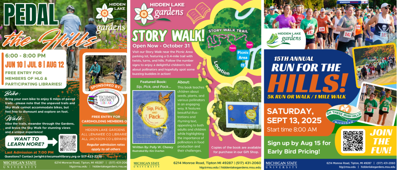 Event flyers for the Pedal the Hills, the Story Walk trail and the Run for the Hills! events.