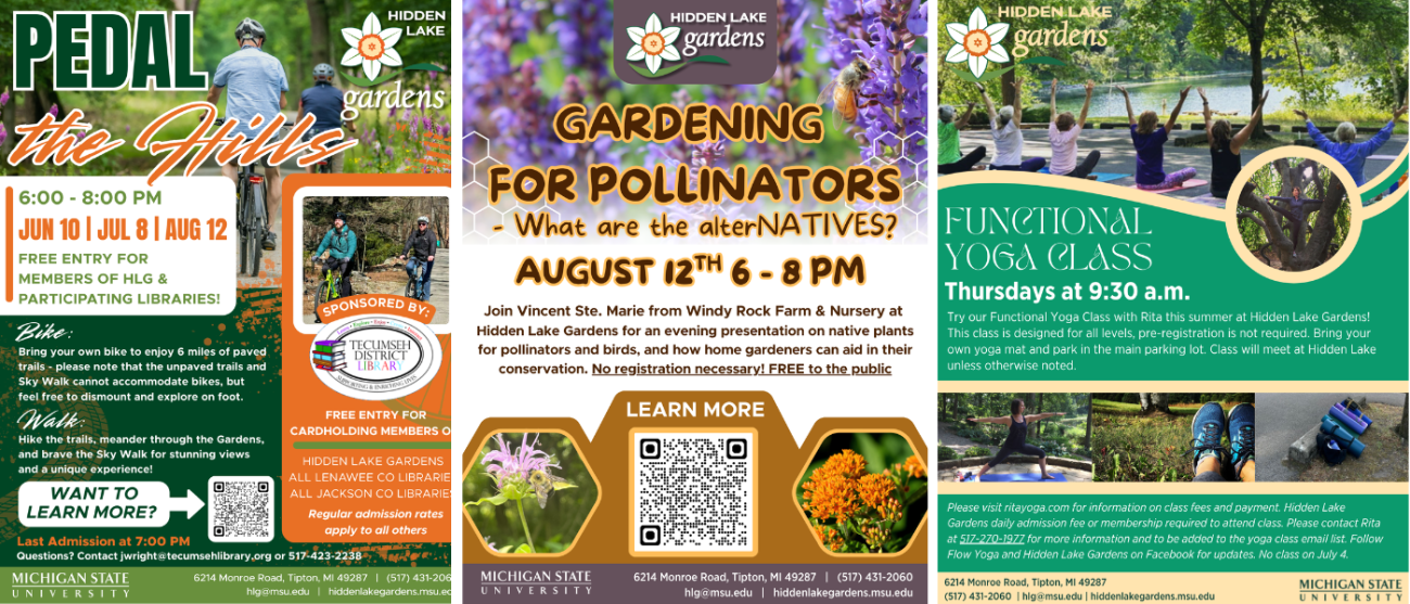 Pedal the Hills, Pollinator Presentation and Functional Yoga event flyers.