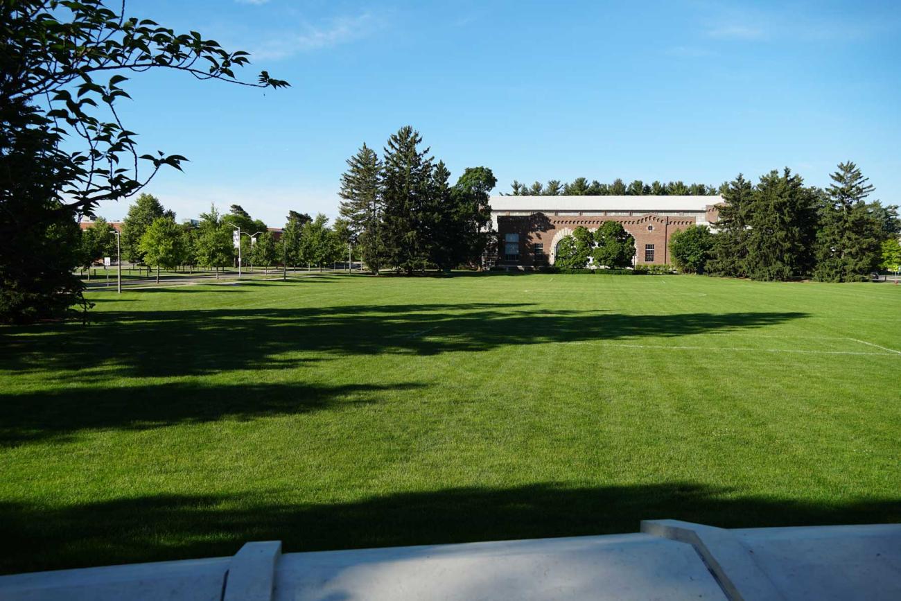 Wide green lawn in summer on the East Lansing campus with Dem Hall in the background.
