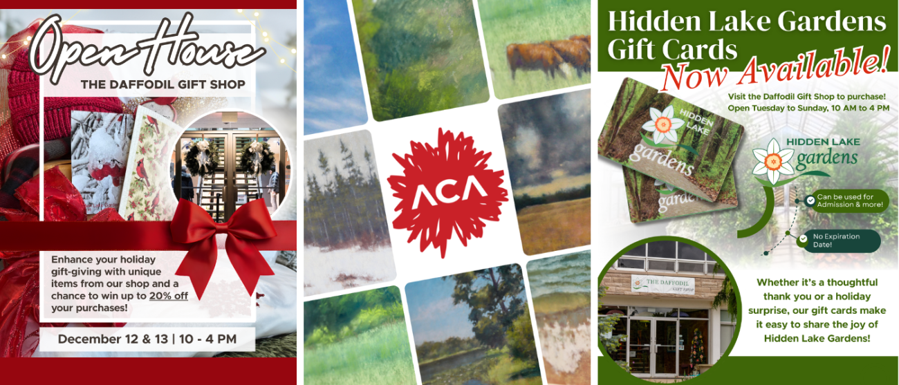 Graphics highlighting Gift Shop Open House on Dec 12 & 13, ACA Art Exhibition & Gift Cards for sale.