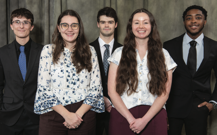 Image of (left to right) Ryan DePree, Emerson Fuhrman, Sam Gamble, Isabelle Christensen, and Aubert Kamdem