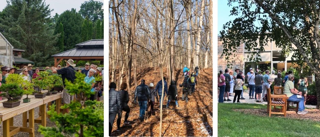 A series of photos showing various groups on tours at Hidden Lake Gardens. 