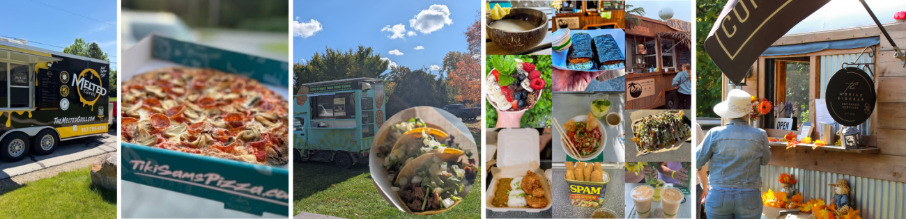 Photo collage of food trucks and offerings for event.
