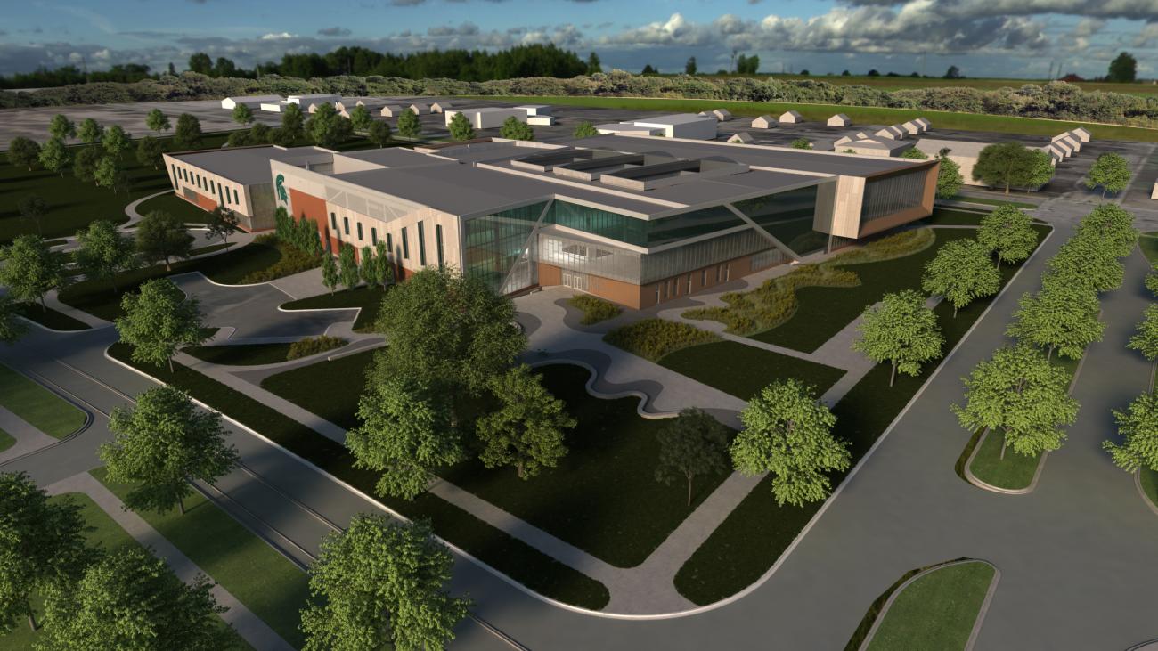 Aerial rendering of the future center.