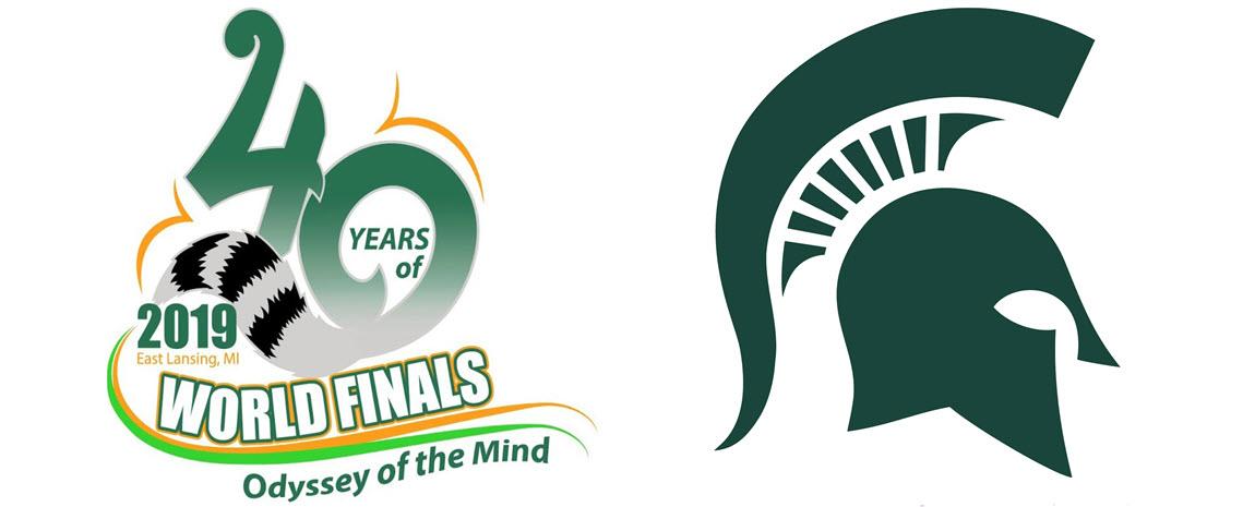 Odyssey of the Mind logo next to spartan helmet logo
