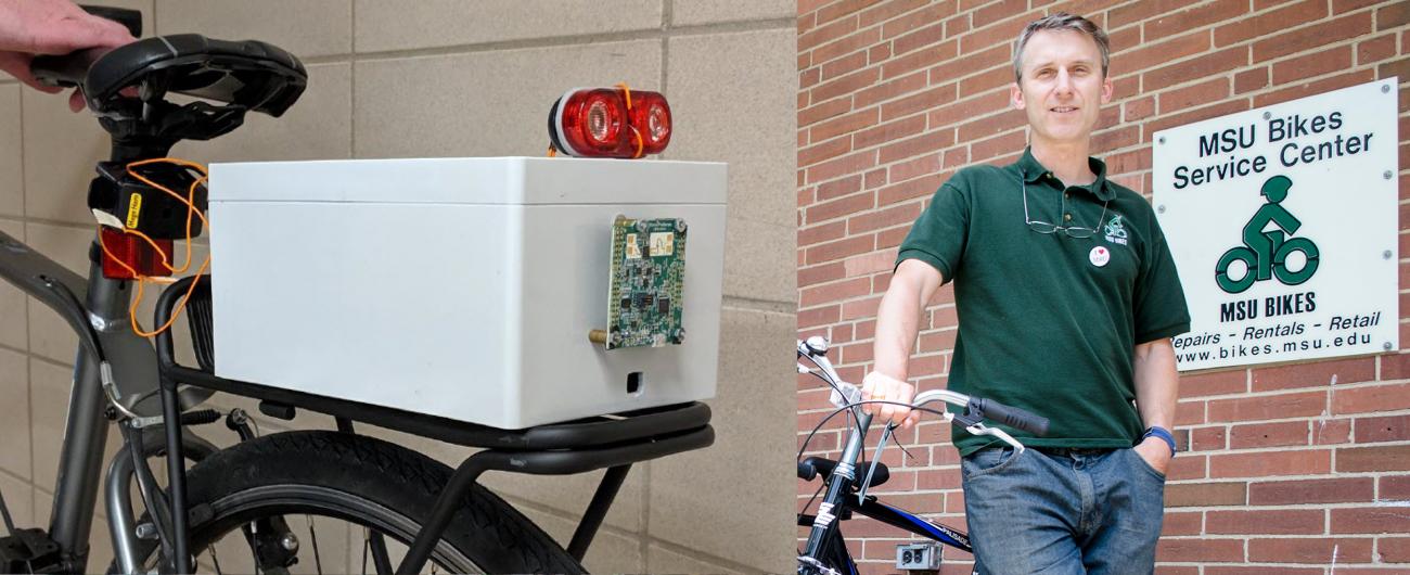 Photo of Tim Potter in front of group of bicycles with insert picture of collision warning device