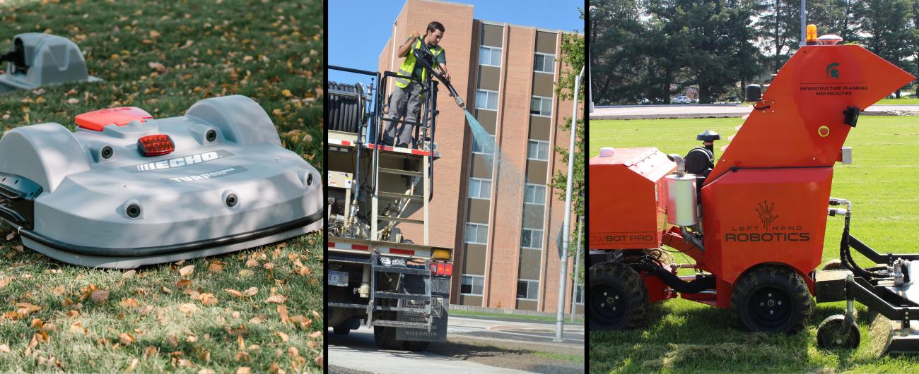 photo collage of roomba-type mower, hydroseeder and mow-bot