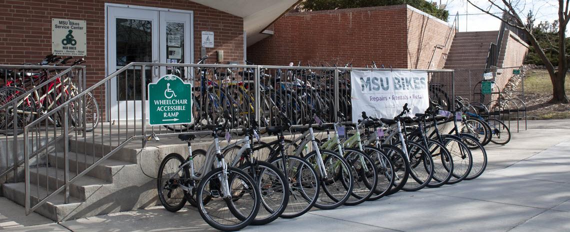 Photo of the exterior of the MSU Bikes Service Center 