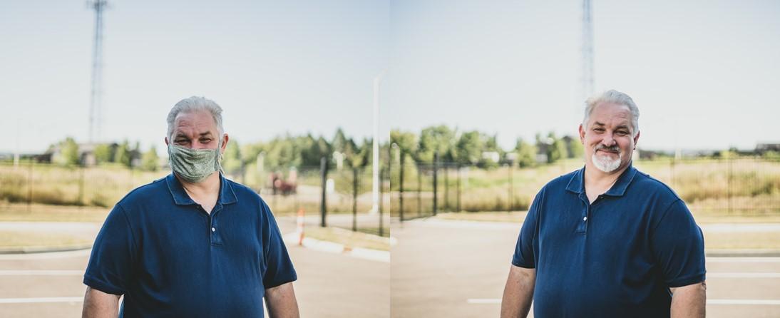 Photo of Tom Silsby outside MSU Water Treatment Plant with and without mask