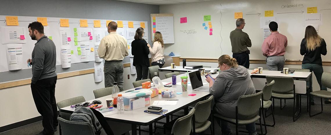 Process improvement team brainstorming, collecting and organizing ideas for hiring/onboarding process improvement