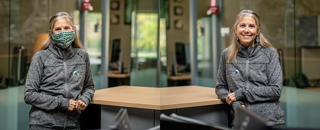 Side by side images of Jill Tuley in her office, with and without facemask