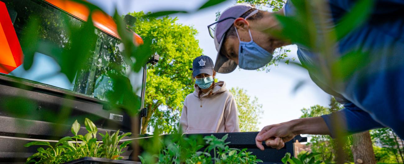 Lars Brudvig and Sarah Naughtin look at flats of seedlings