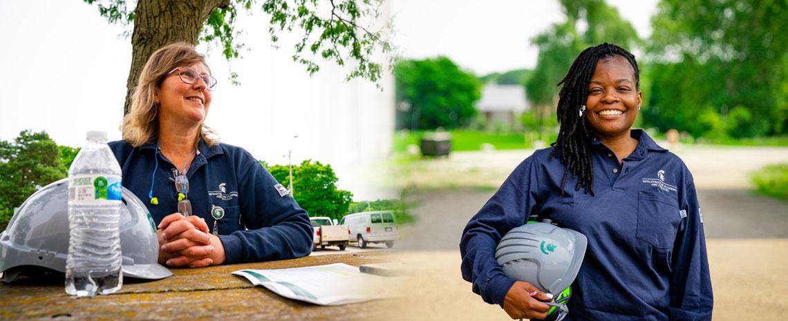 Donna Jones (a white woman) smiles as she sits at a park bench; Cher Briggs (a black woman) stands outside the power plant smiling and holding a hard hat.