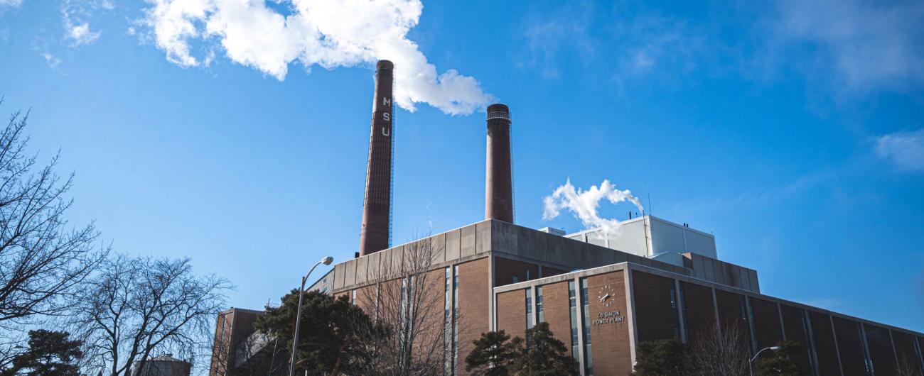 The TB Simon Power Plant and its two smokestacks against a clear blue sky.