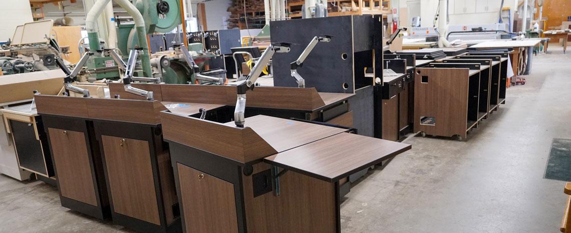 Unfinished tech carts in the IPF Carpentry Shop