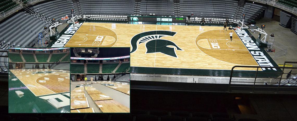 MSU basketball court with inset image showing court being disassembled