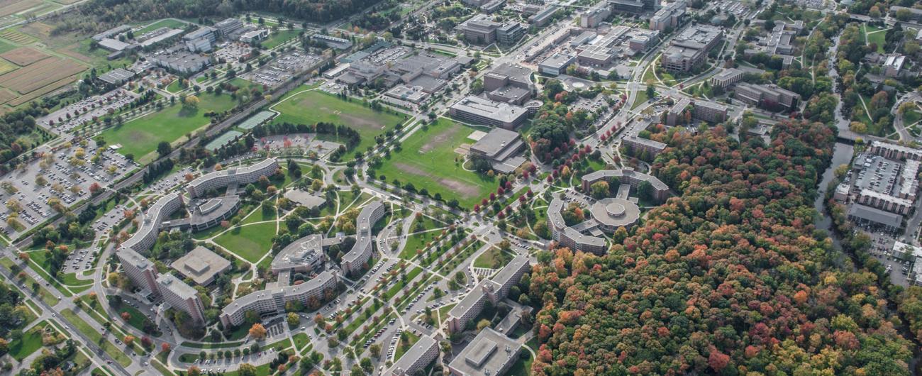 Aerial photo of MSU East Lansing campus