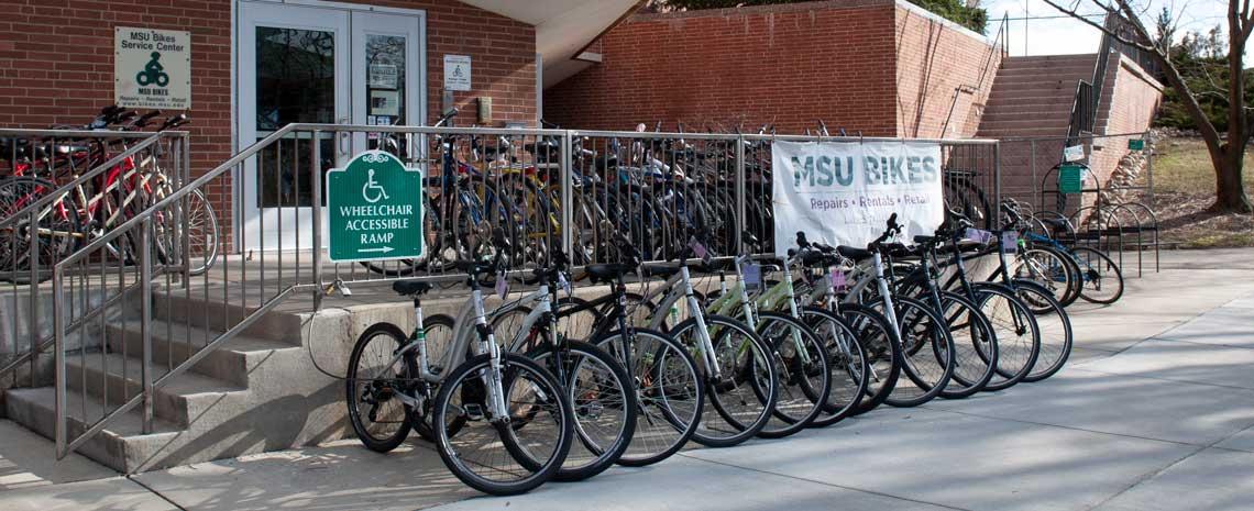 Bikes parked outside of the MSUBikes building