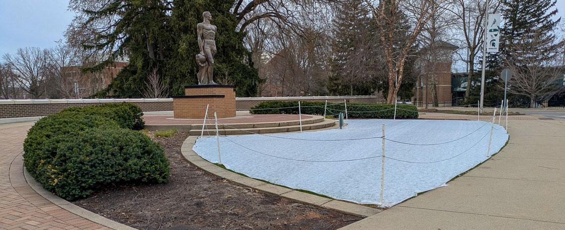 Sparty statue with a white cloth draped over the lawn in front of it