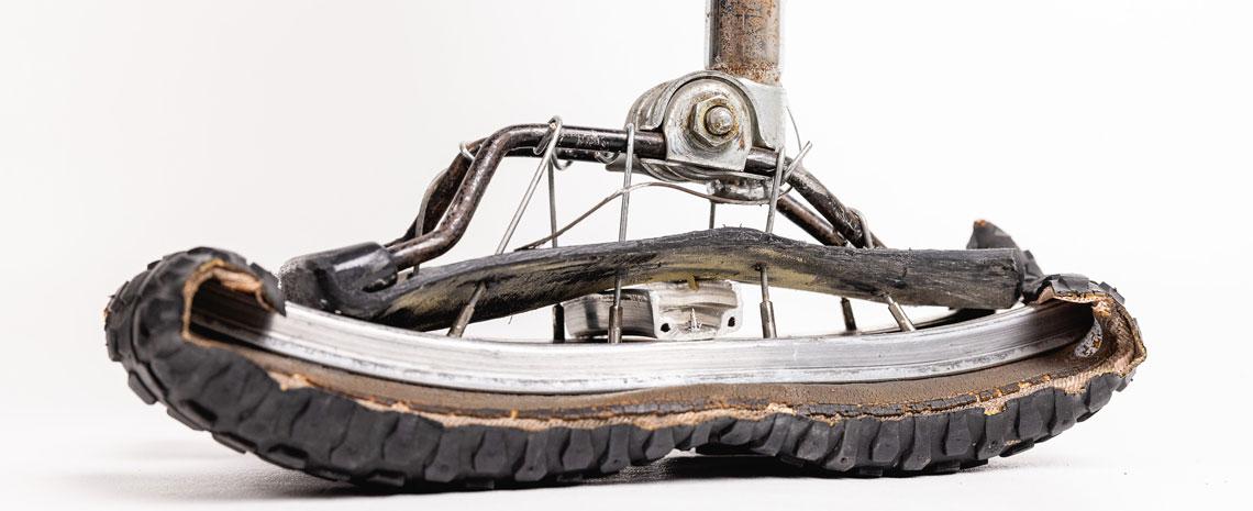 Foot of prosthetic leg made from reused bicycle parts
