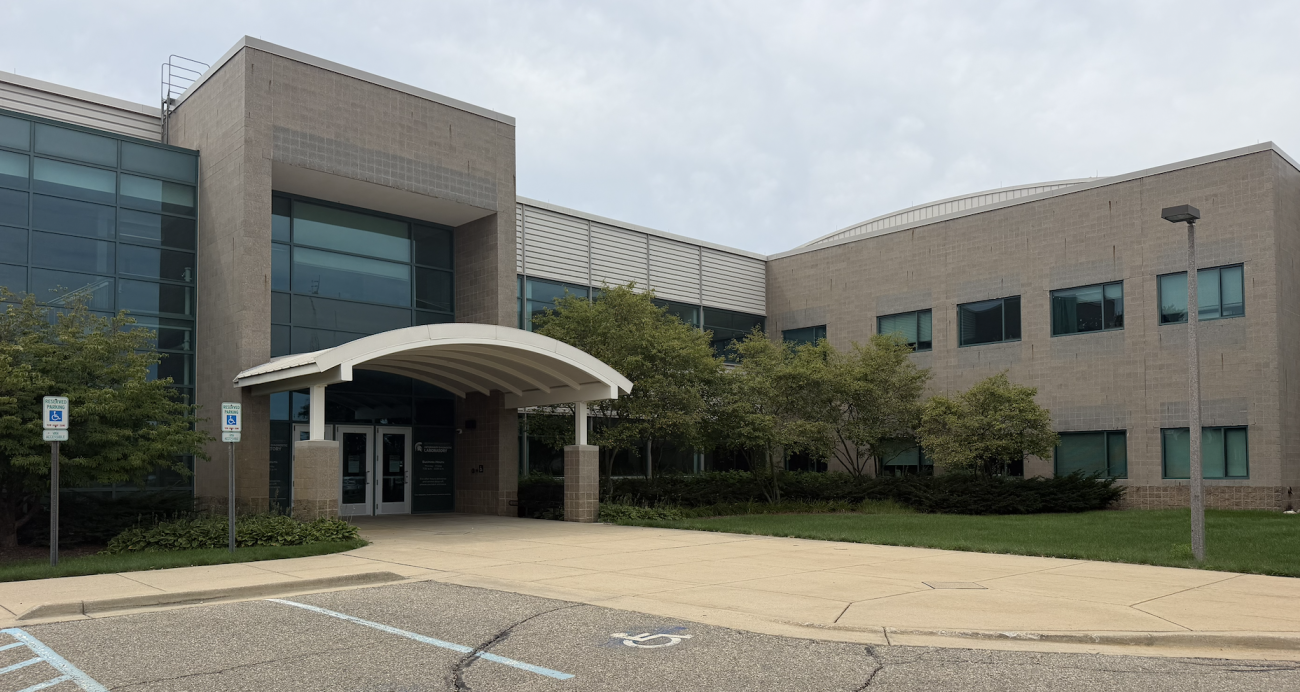 Michigan State University's Veterinary Diagnostic Laboratory (MSU VDL) building pictures on a sunny blue sky day with minimal clouds