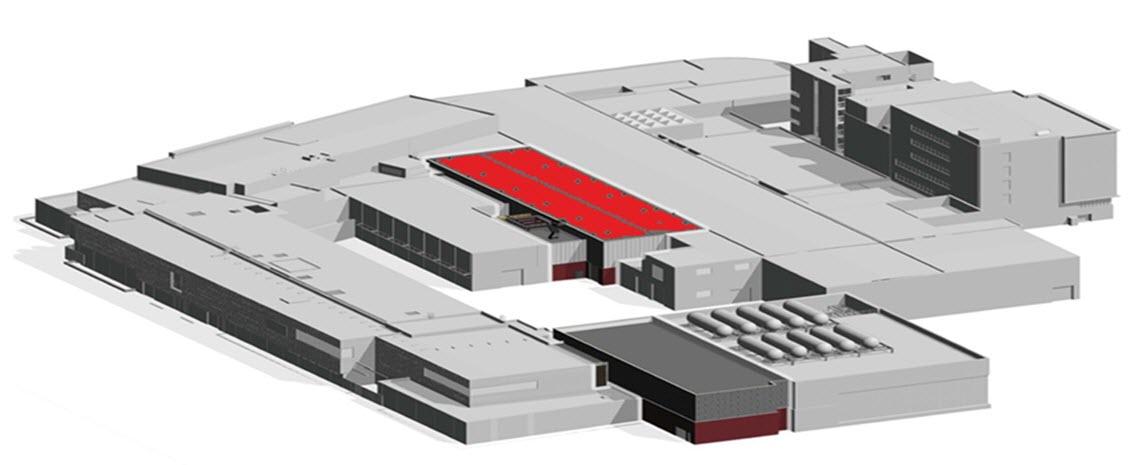 artist rendering of f-rib facility highlighting the area affected by the high rigidity spectrometer facility construction