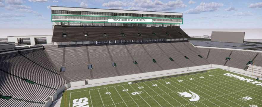 Photo of Spartan Stadium with the west suite highlighted for refresh