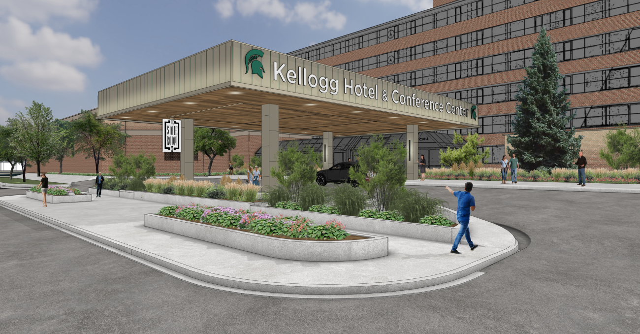 rendering of the revised entry for the Kellogg Hotel and Conference Center as viewed from Harrison Road